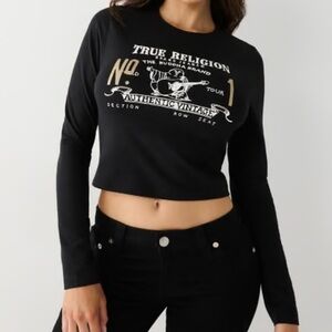Vintage True Religion Black Long Sleeve Logo Baby Tee Women Size Large